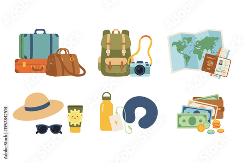 Ultimate travel essential set with suitcase backpack camera passport and neck pillow flat vector