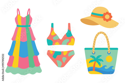 Colorful rainbow summer beachwear set with maxi dress bikini and sun hat flat vector