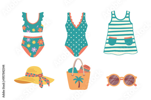 Kids green swimwear set with floral and stripe pattern swimsuit and sunglasses flat vector