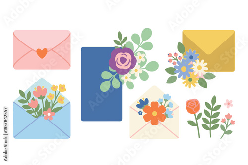 Aesthetic floral envelopes and letters for greeting card flat vector illustration