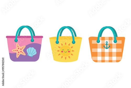 Cute kids beach tote bag collection with sun starfish and anchor pattern flat vector