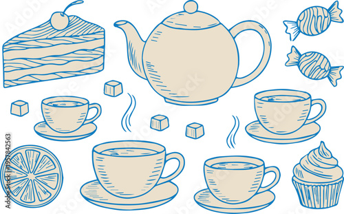 tea time illustration teapot teacup slice of cake cupcake sweets