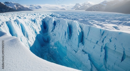 Majestic Glacial Crevasse Under Bright Sky With Distant Peaks