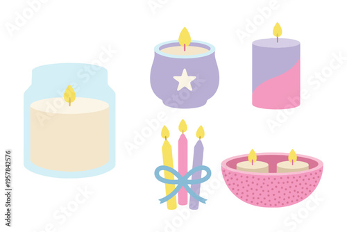 Cozy Scented Candle Collection, Flat Vector Aromatherapy Elements Set, Relaxation and Home Decor Stickers, Colorful Wax Candles Illustrations