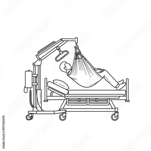 Patient being transferred from bed to a medical lift sling, illustrating assistive technology for healthcare mobility.