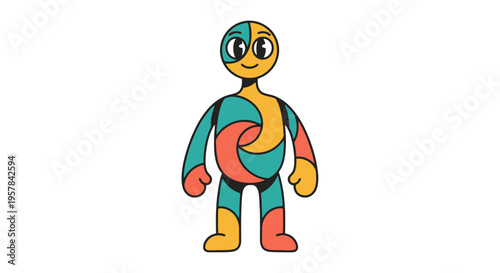 Abstract Colorful Geometric Character Design with Swirl Patterns and Friendly Face