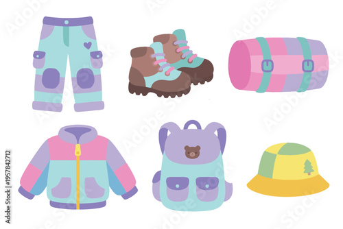 Winter Hiking and Travel Gear Set, Kids Outdoor Adventure Clothing, Flat Vector Boots Backpack and Jacket, Camping Equipment for Cold Weather
