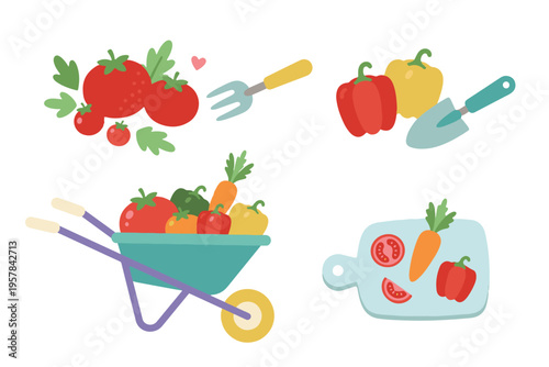Gardening and Fresh Vegetables Set, Farm to Table Flat Illustration, Harvest Time Elements, Wheelbarrow Tomato and Bell Peppers Vector
