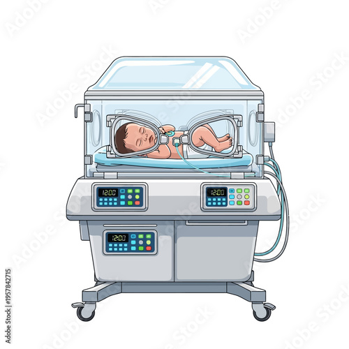 Newborn baby in an incubator, receiving medical care and monitoring in a hospital setting.