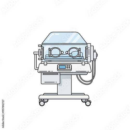 Medical infant incubator, baby care equipment, hospital device for premature newborns, line art illustration.