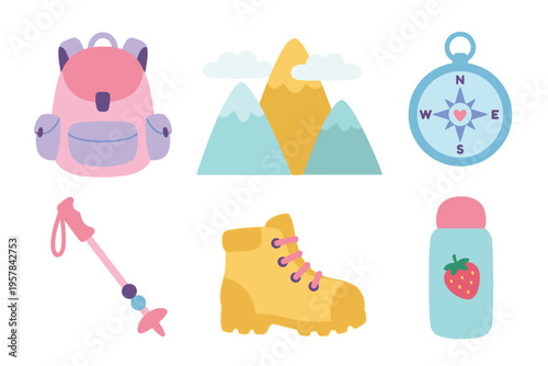 Mountain Hiking and Trekking Adventure Set, Flat Vector Outdoor Exploration Gear, Scouting Equipment Illustration, Pink Backpack and Hiking Boots