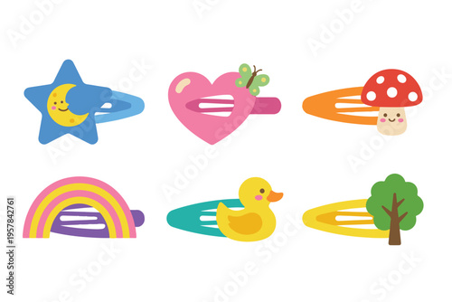 Colorful Kids Hair Clips and Pins Collection, Cute Girls Hair Accessories Flat Vector, Rainbow Mushroom and Duck Hairpin Illustrations
