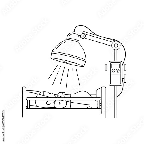 Newborn baby undergoing phototherapy treatment for jaundice in a hospital crib, medical care concept.