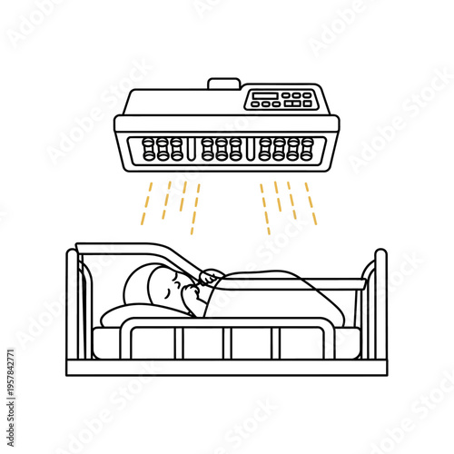 Newborn baby undergoing phototherapy treatment in a hospital bed, line art illustration.