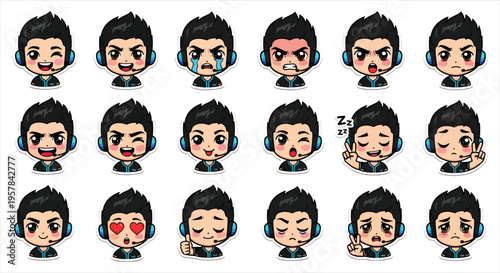 Cute Gamer Boy Character Emote Sticker Set, Kawaii Gaming Avatar Emoji Pack, Streaming Reaction Icons for Twitch Discord Vector