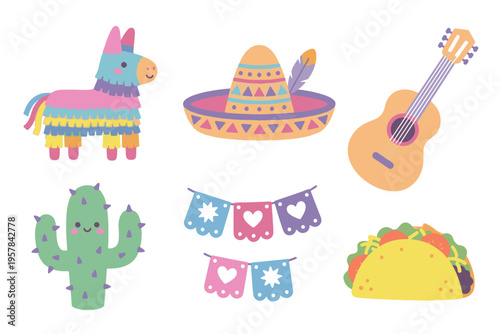 Mexican Fiesta and Taco Party Elements, Cinco de Mayo Celebration Vector, Cute Mexican Cultural Icons, Guitar Cactus and Pinata Flat Illustration