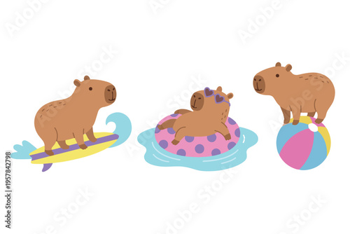 Capybara Summer and Beach Fun Collection, Cute Capybara Surfing and Playing Ball Vector, Tropical Holiday Animal Illustration, Pool Float Capybara