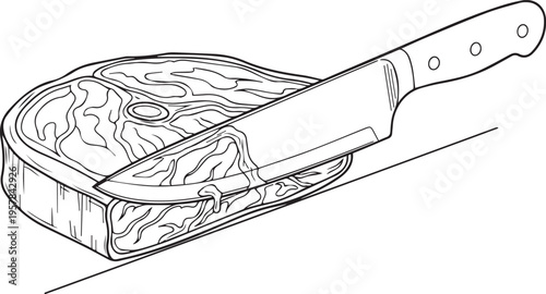 Vector illustration of steak with knife, black and white line drawing