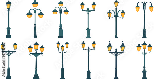 Street City Lights Vector Set with Retro and Modern Lanterns, Vintage Lampposts, Gothic Streetlights, Outdoor Urban Park Illumination Collection