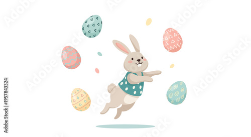 A cheerful Easter bunny illustration jumping amidst colorful pastel eggs on a white background with a happy celebration mood