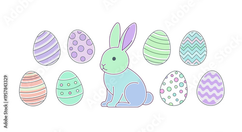 A pastel-colored Easter bunny sits among colorful eggs on a white background in a cute illustration with a joyful and festive mood
