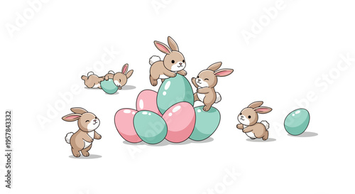 A group of cute cartoon bunnies play with pastel-colored Easter eggs on a white background, conveying a joyful and festive Easter Sunday celebration