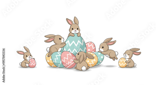 An illustration of cute bunnies and colorful Easter eggs on a pastel background, featuring a joyful Easter Sunday celebration with cartoon characters and symbols