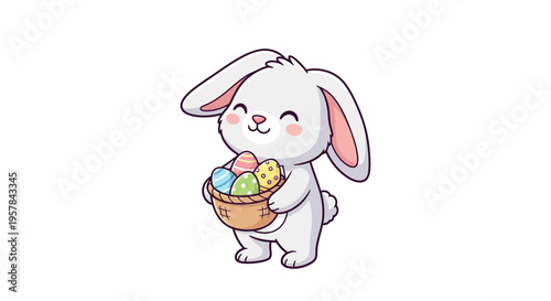 A cute cartoon bunny holds a basket of colorful Easter eggs on a pastel background, conveying a happy Easter Sunday celebration