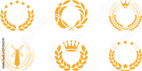 Wheat Grain Logo Vector Set with Cereal Frames, Barley Ears, Farm Product Labels, Bakery Emblems, Decorative Crowns and Stars