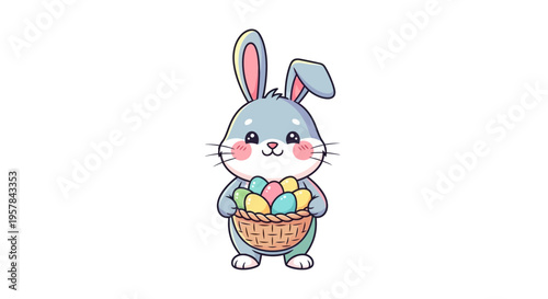 A cute cartoon blue bunny holding a basket of colorful Easter eggs on a pastel background, conveying a happy and festive Easter Sunday celebration