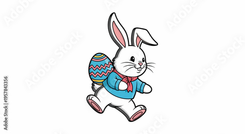 A cheerful cartoon rabbit in a blue shirt and red scarf runs with colorful Easter eggs on a pastel background