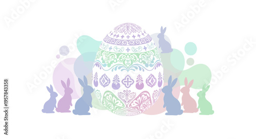 A colorful Easter-themed illustration featuring a decorated cake surrounded by bunnies and eggs on a pastel background