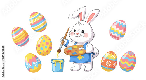 A cute cartoon rabbit in a blue apron painting colorful Easter eggs with a brush on a pastel color background