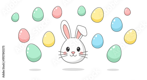 A cute cartoon bunny peeks out from pastel-colored Easter eggs on a white background with a joyful and festive holiday theme