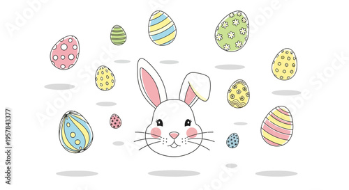 A cute cartoon Easter bunny surrounded by colorful eggs and bunnies on a pastel background for Easter Sunday celebration