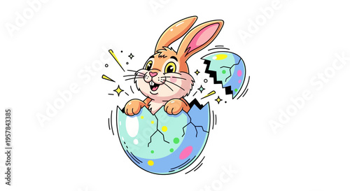 Cartoon illustration of a cheerful Easter bunny emerging from a colorful, decorated egg on a pastel background