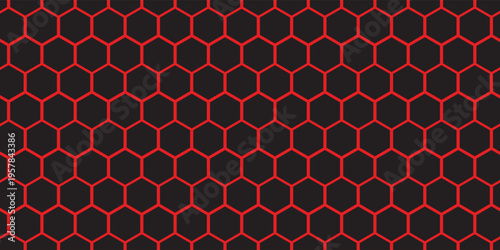 Dark hexagon abstract technology background red colored bright flashes under hexagon. Hexagonal gaming vector tech illustration black abstract background.
