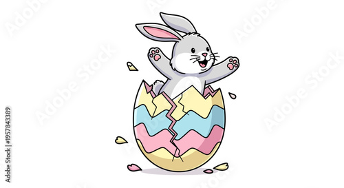 A cheerful cartoon rabbit emerges from a colorful, pastel-colored Easter egg on a plain white background, surrounded by fragments of the eggshell