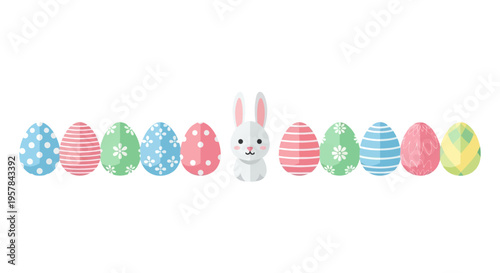 A cute cartoon bunny surrounded by colorful Easter eggs on a pastel background with a joyful and festive celebration
