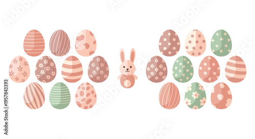 Colorful Easter eggs and bunnies illustration on a pastel background for holiday celebration and design