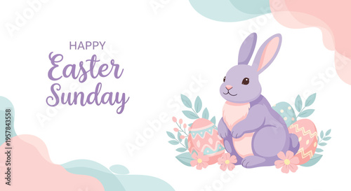 A cute purple Easter bunny sits on pastel eggs and flowers with green leaves on a white background with Happy Easter Sunday text
