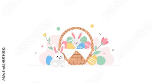 An illustration of a pastel Easter scene with a basket, bunnies, eggs, and flowers on a colorful background