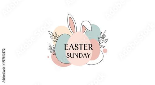 Easter Sunday illustration features a pastel-colored bunny with floral elements on a white background, symbolizing a happy holiday celebration