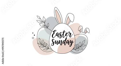 Easter Sunday illustration featuring pastel eggs, bunnies, and floral elements on a colorful background with a cheerful holiday theme