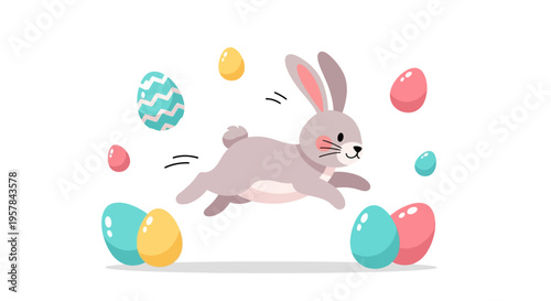A cheerful Easter bunny jumps playfully among colorful eggs on a pastel background, conveying a joyful and festive Easter Sunday celebration