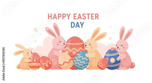 Illustration of cute cartoon bunnies and colorful eggs on a pastel background with 'HAPPY EASTER DAY' text in a festive holiday design