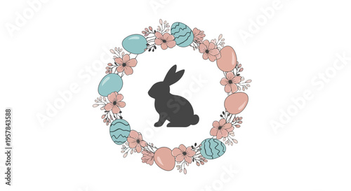 Illustration of a black bunny surrounded by a wreath of pastel-colored Easter eggs and flowers on a white background