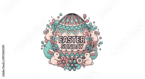 Easter Sunday illustration of pastel eggs and bunnies in a colorful floral frame with a joyful celebration background