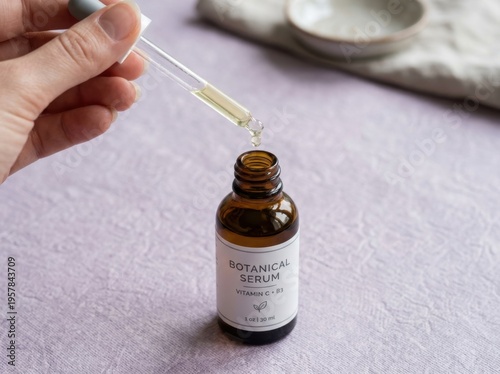 Clear glass dropper gently dispensing pale yellow botanical serum into amber bottle