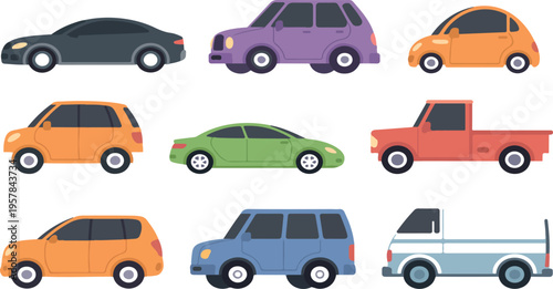 Passenger Cars Vector Set with Colorful City Vehicles, Modern Urban Transport, Sedan Wagon Pickup Hatchback and SUV Traffic Collection